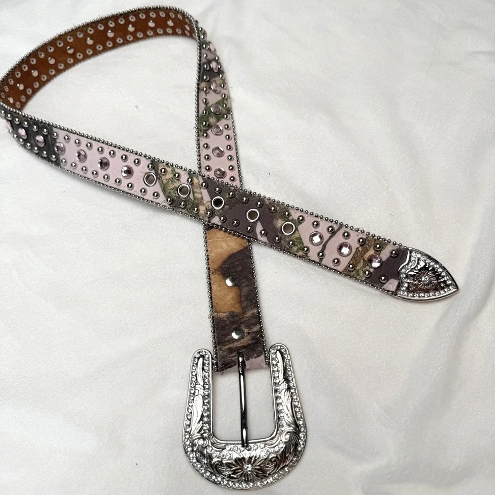 Nocona Y2K Pink Mossy Oak Camo Belt Size 28 Rhinestone Studded Western